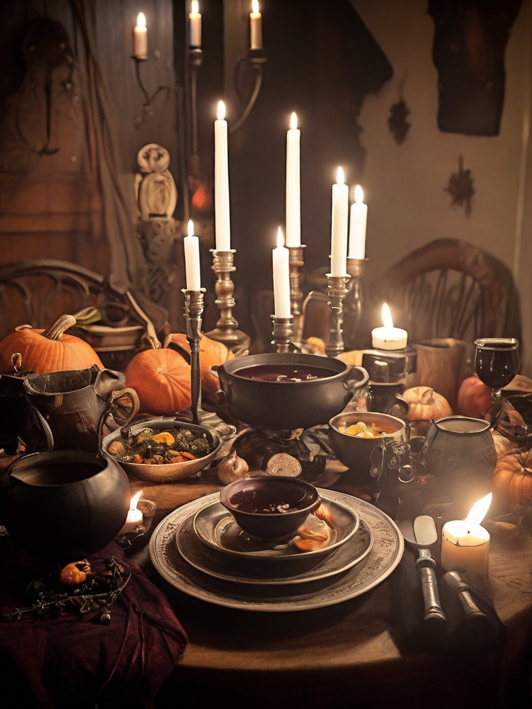 Samhain Dinner with candles, Mulled Wine, and caldron of soup 